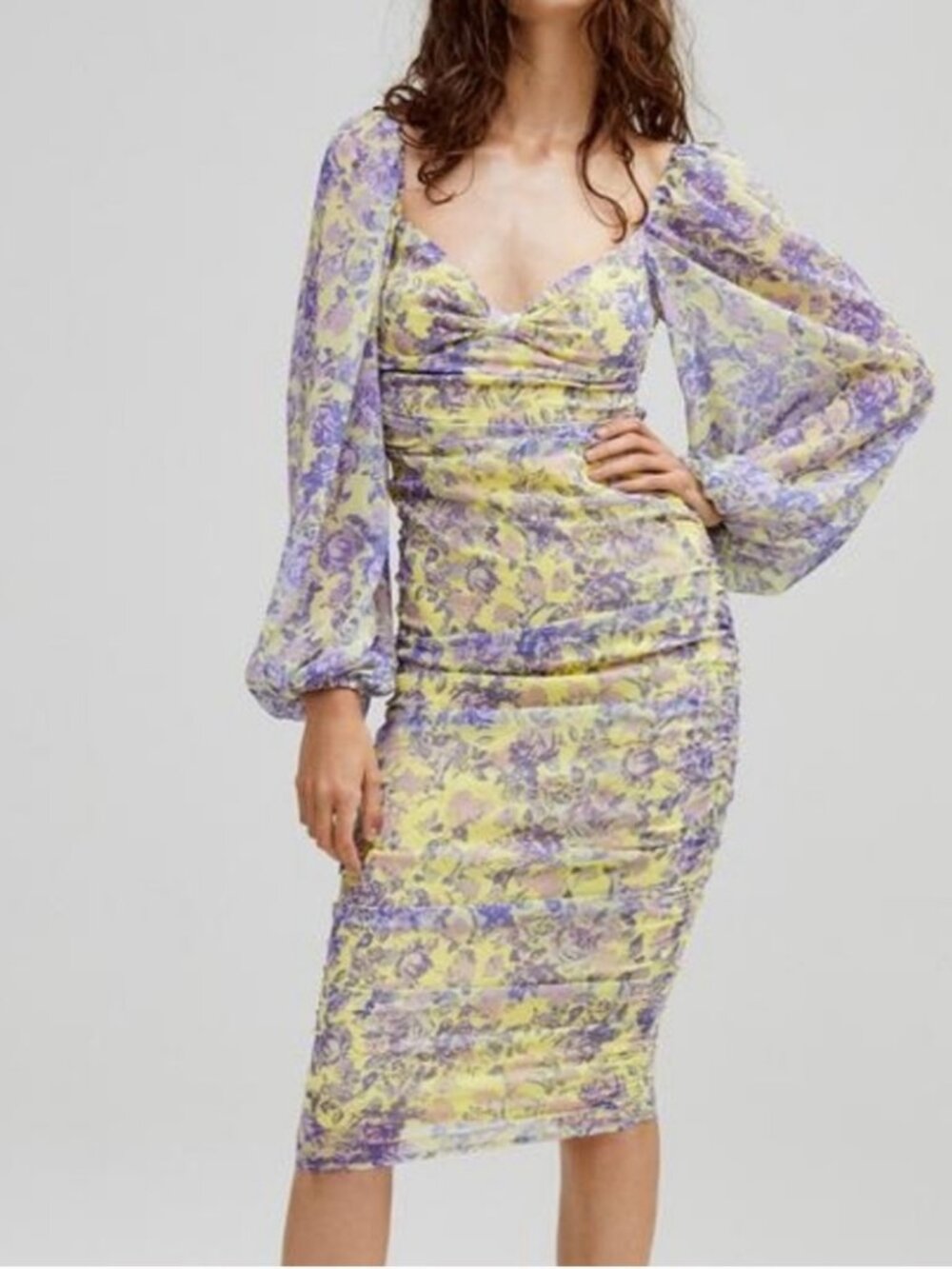 Yellow & Lavender For Love & Lemons Maui Ruched Midi Dress SzS